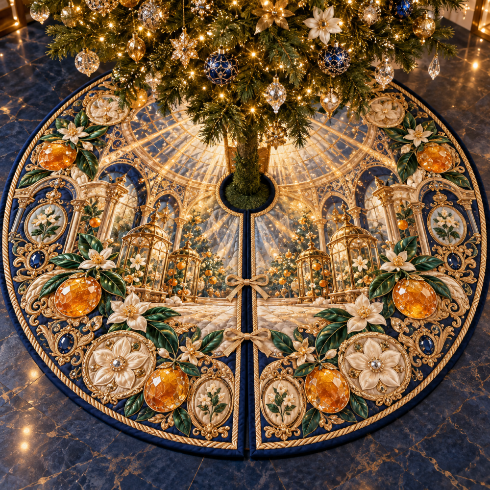 Citrus Blossom Premium Holiday Tree Skirt — Vibrant Citrus Floral Print, Plush Reversible Fabric, 50 In Fit, Machine Washable