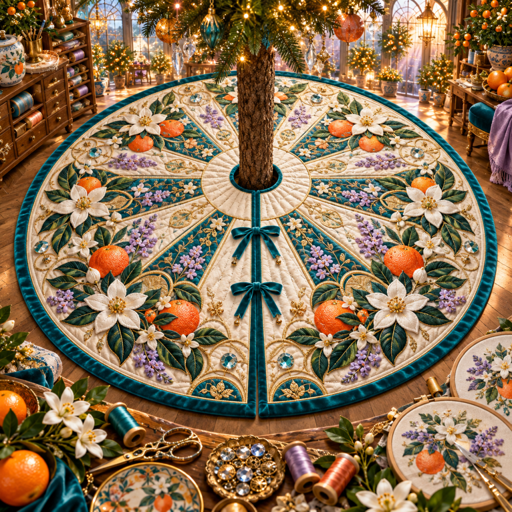 Citrus Blossom Prismthread Maker Tree Skirt — Hand-Threaded Citrus Pattern, Durable Weave, Artisan Holiday Decor For Makers & Crafters