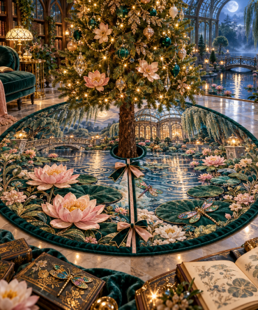 Water Lily Lumenleaf Reading Tree Skirt — Cozy Literary Floral Design, Soft Fabric, Bookish Holiday Decor For Reading Nooks