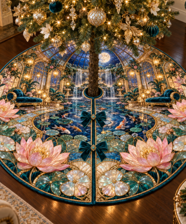 Water Lily Celestique Mosaic Tree Skirt — Celestial Floral Mosaic Pattern, Premium Fabrics, Designer Holiday Decor Accent