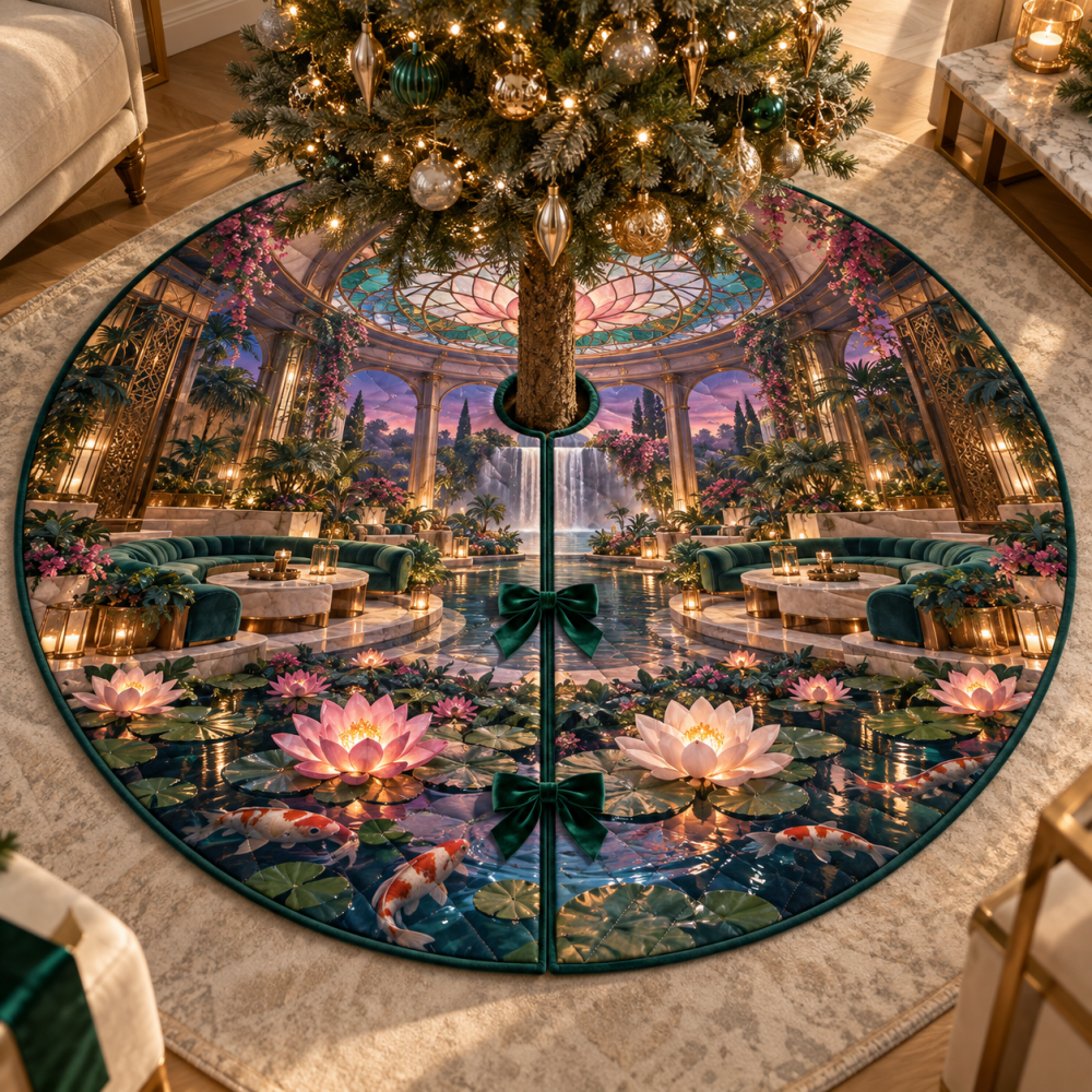 Water Lily Lustralight Atrium Tree Skirt — Luminous Floral Embroidery, Luxurious Texture, Atrium & Open-Plan Holiday Centerpiece