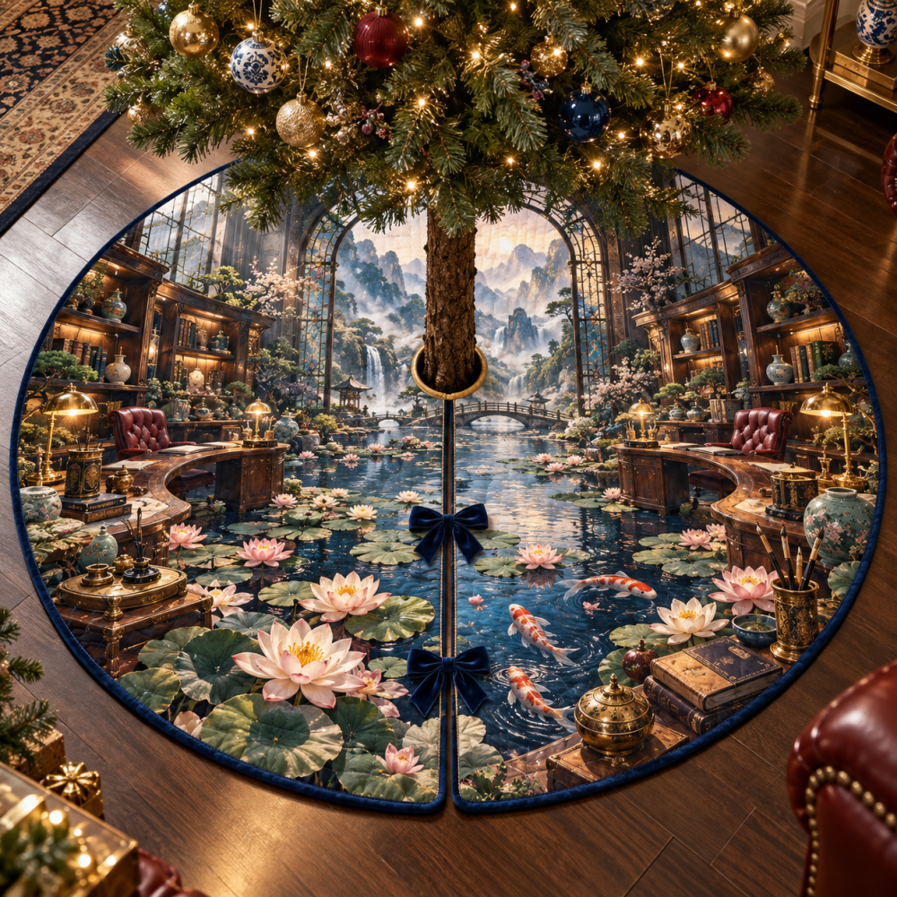 Water Lily Inkglass Studio Tree Skirt — Artistic Ink-Style Floral Pattern, Lightweight Durable Fabric, Creative Holiday Decor