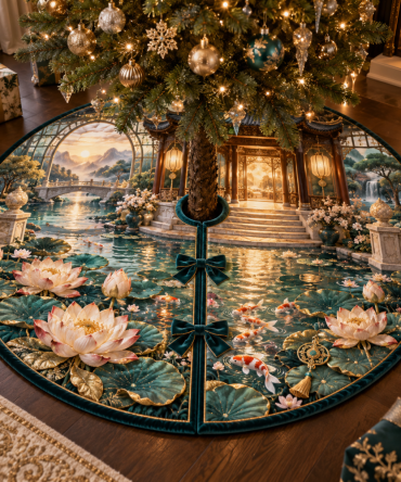 Water Lily Hearthglass Welcome Tree Skirt — Elegant Floral Appliqué, Protective Backing, Sophisticated Hearth & Living Room Accent