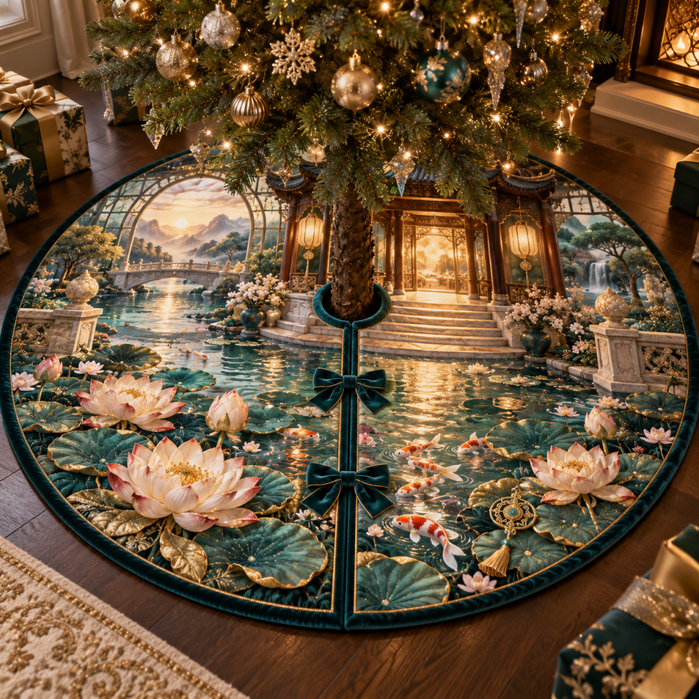 Water Lily Hearthglass Welcome Tree Skirt — Elegant Floral Appliqué, Protective Backing, Sophisticated Hearth & Living Room Accent