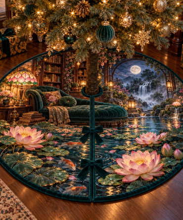 Water Lily Lamplight Holiday Tree Skirt — Warm Glow Floral Embroidery, Soft Velvet, Cozy Lamplight-Inspired Seasonal Decor
