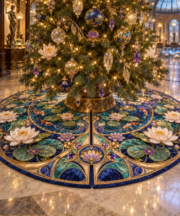 Water Lily Curiohall Treasury Tree Skirt — Vintage-Inspired Floral Motifs, Rich Fabric, Decorative Centerpiece For Holiday Displays
