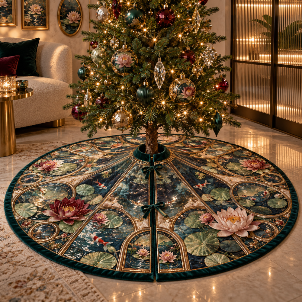 Water Lily Prism Salon Merry Skirt — Shimmer Floral Design, Premium Textiles, Chic Salon-Style Holiday Decoration For Home