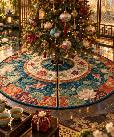 Water Lily Teahouse Tree Skirt — Serene Floral Embroidery, Luxe Fabric, Cozy Tea Room & Living Room Holiday Accent