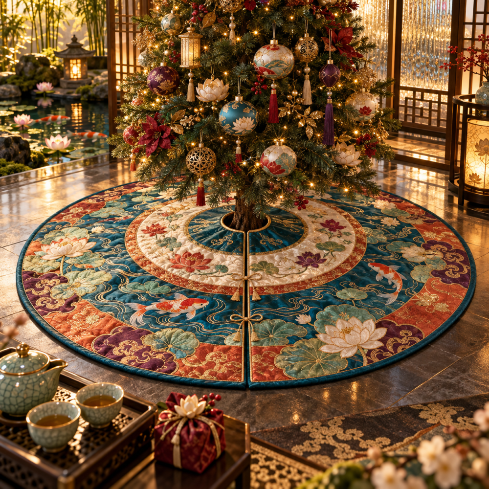 Water Lily Teahouse Tree Skirt — Serene Floral Embroidery, Luxe Fabric, Cozy Tea Room & Living Room Holiday Accent