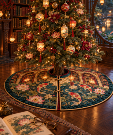 Artisan Koi Lantern Holiday Tree Skirt — Lantern Motif Embroidery, Plush Fabric, Elegant Seasonal Decor For Home & Mantel