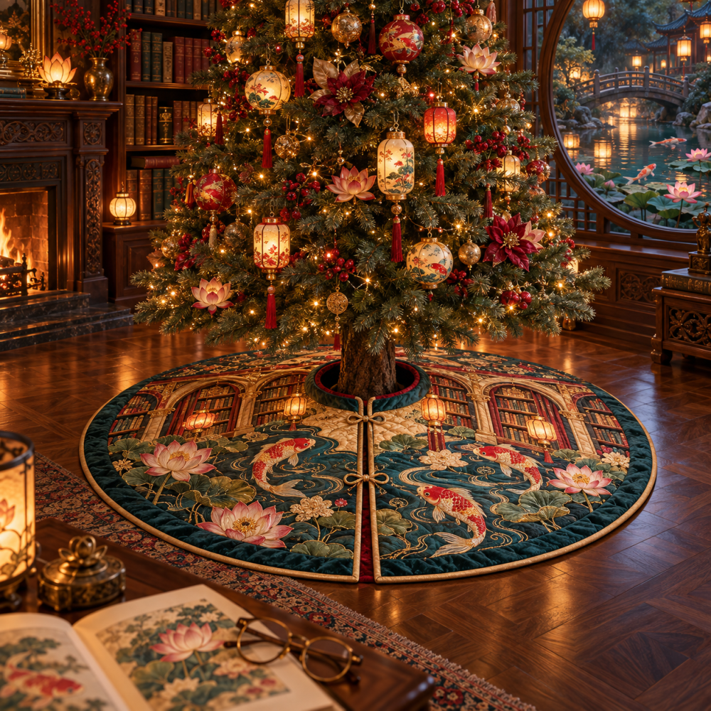 Artisan Koi Lantern Holiday Tree Skirt — Lantern Motif Embroidery, Plush Fabric, Elegant Seasonal Decor For Home & Mantel