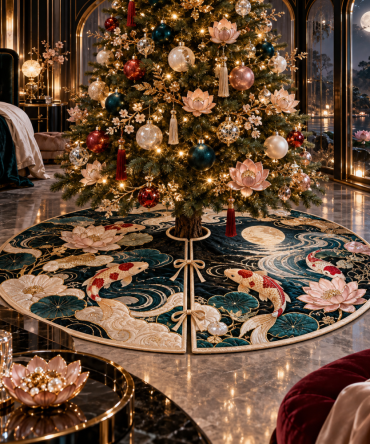 Premium Koi Lotus Velvet Tree Skirt — Moonstone Embroidery Holiday Decor, Luxury Boho Christmas Accent For Living Room
