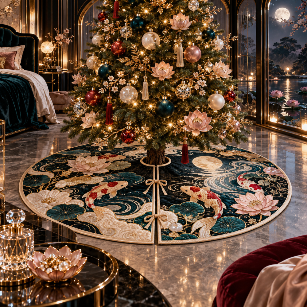 Premium Koi Lotus Velvet Tree Skirt — Moonstone Embroidery Holiday Decor, Luxury Boho Christmas Accent For Living Room