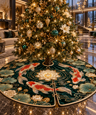 Emerald Salon Koi Lotus Christmas Tree Skirt — Jewel-Toned Koi & Lotus Design With Luxe Green Palette, Reversible And Gift-Ready