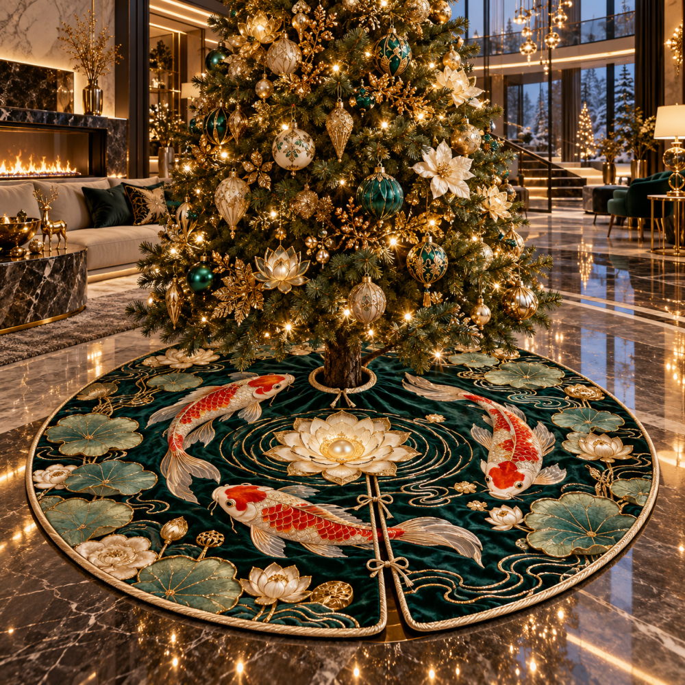 Emerald Salon Koi Lotus Christmas Tree Skirt — Jewel-Toned Koi & Lotus Design With Luxe Green Palette, Reversible And Gift-Ready