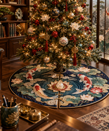 Scholar Atrium Koi Lotus Christmas Tree Skirt — Academic-Inspired Koi & Bonsai Design, Refined Holiday Tree Mat With Luxurious Look