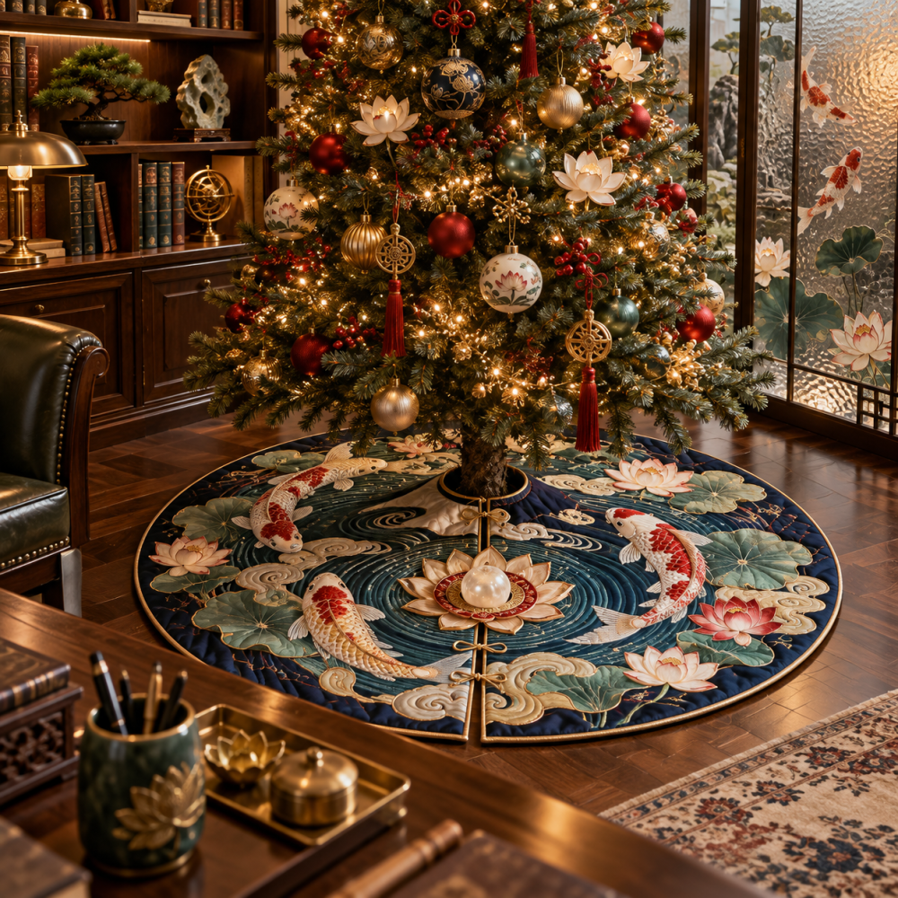 Scholar Atrium Koi Lotus Christmas Tree Skirt — Academic-Inspired Koi & Bonsai Design, Refined Holiday Tree Mat With Luxurious Look