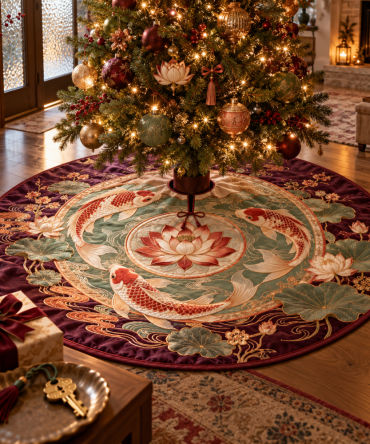 Hearth Blessing Koi Lotus Christmas Tree Skirt — Warm Koi & Lotus Hearth Design, Cozy Holiday Mat With Durable Fabric And Easy Care