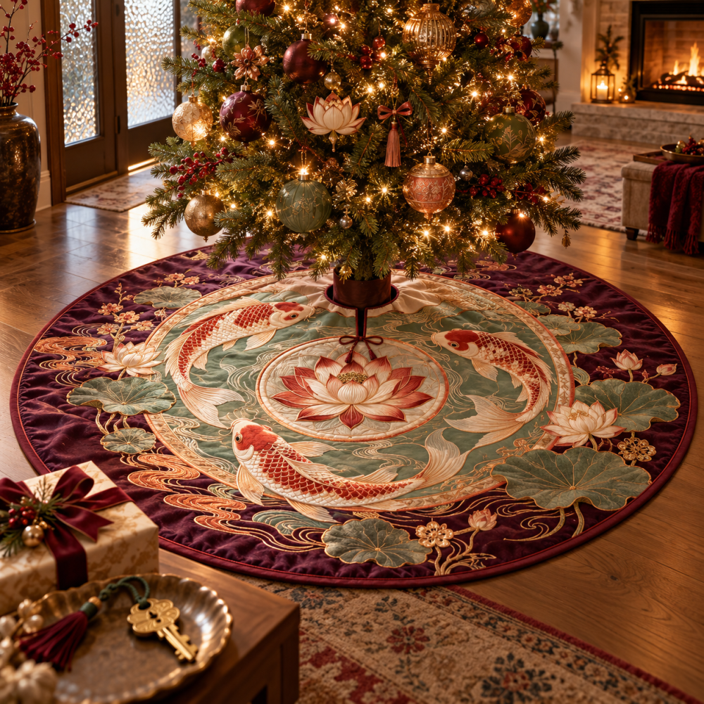 Hearth Blessing Koi Lotus Christmas Tree Skirt — Warm Koi & Lotus Hearth Design, Cozy Holiday Mat With Durable Fabric And Easy Care