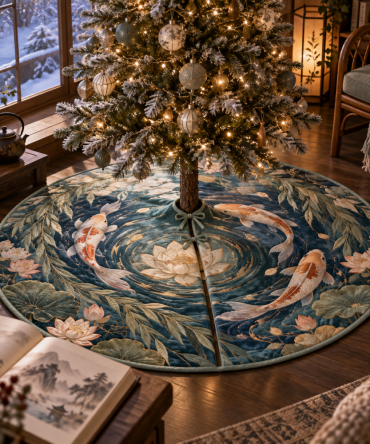 Willow Reverie Koi Lotus Christmas Tree Skirt — Serene Willow & Koi Scene On Soft-Touch Holiday Mat, Reversible, Elegant Décor