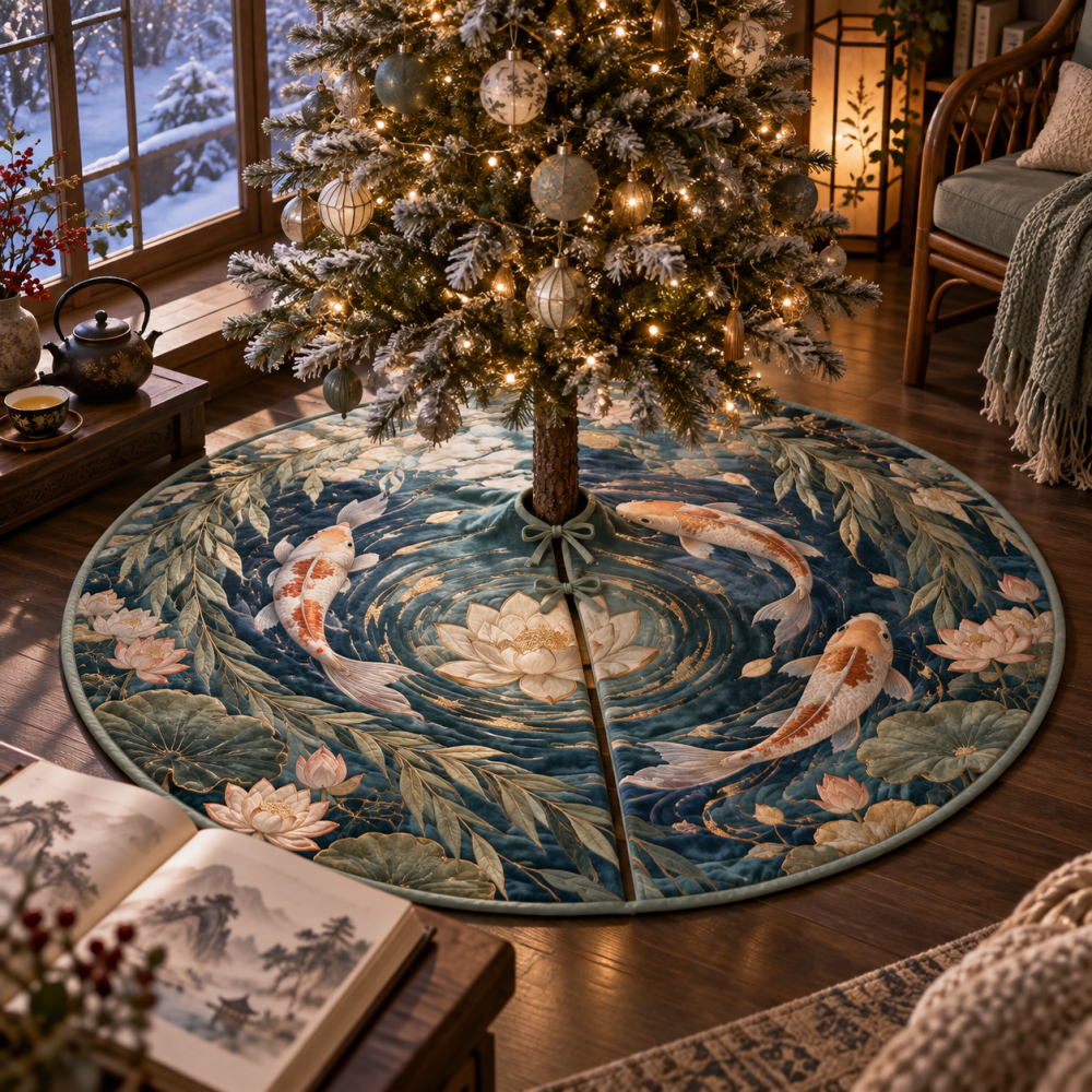 Willow Reverie Koi Lotus Christmas Tree Skirt — Serene Willow & Koi Scene On Soft-Touch Holiday Mat, Reversible, Elegant Décor