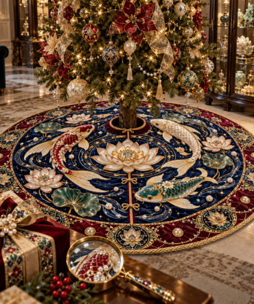 Jubilee Koi Lotus Curio Christmas Tree Skirt — Festive Koi & Lotus Collage With Decorative Finish, Premium Holiday Mat, Gift-Worthy