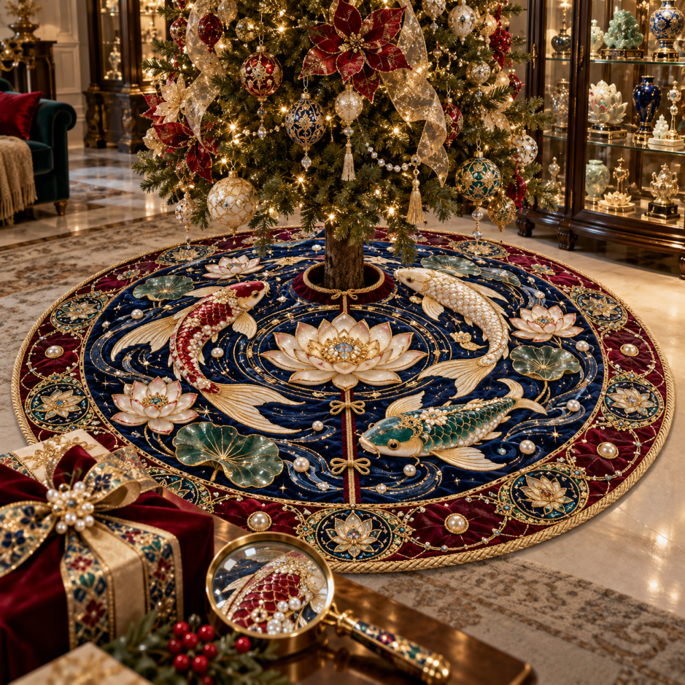Jubilee Koi Lotus Curio Christmas Tree Skirt — Festive Koi & Lotus Collage With Decorative Finish, Premium Holiday Mat, Gift-Worthy