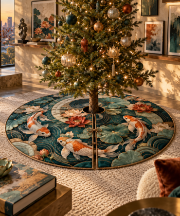 Prism Koi Lotus Gallery Christmas Tree Skirt — Vibrant Koi Prism Art For Modern Gallery-Style Holiday Mat, Durable & Reversible