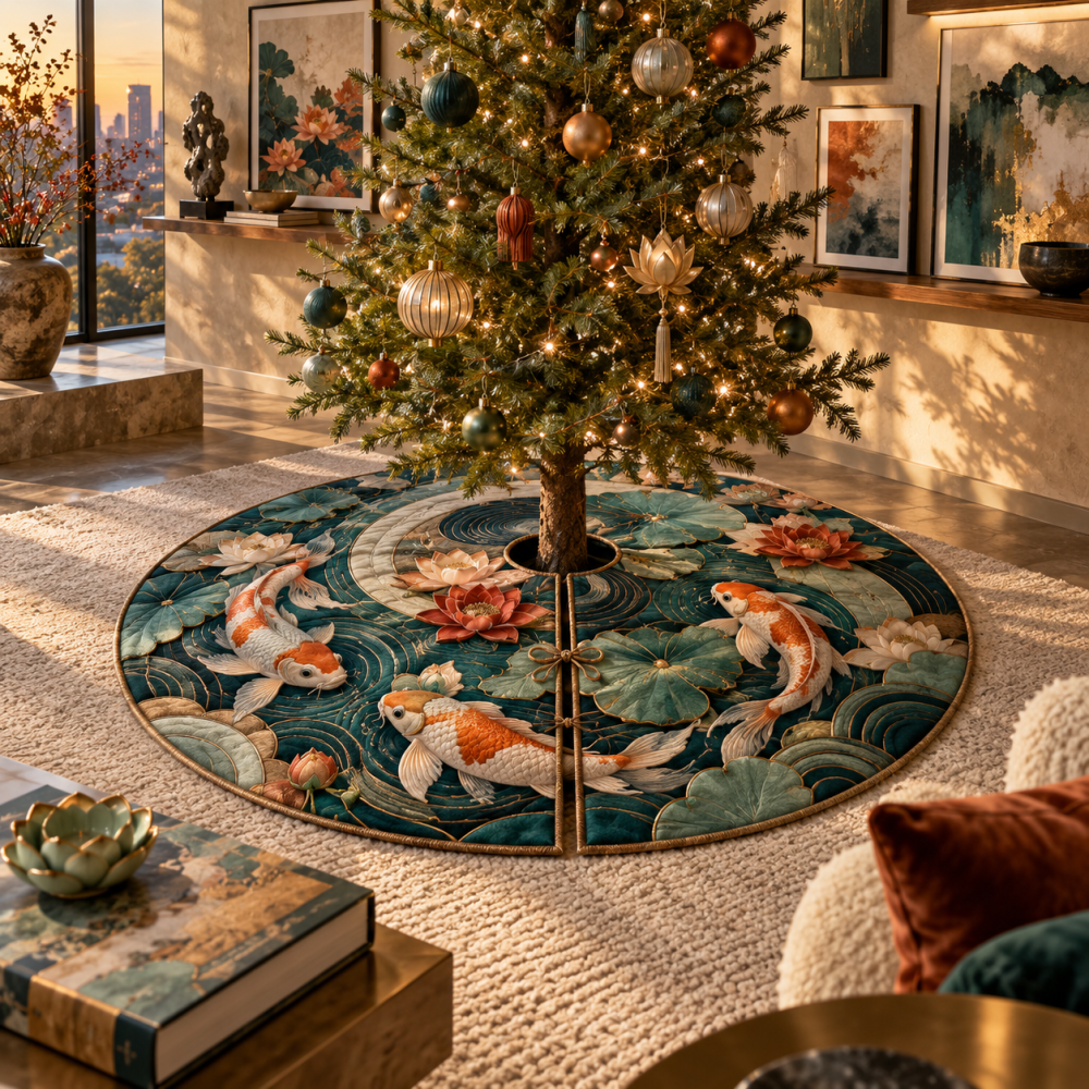 Prism Koi Lotus Gallery Christmas Tree Skirt — Vibrant Koi Prism Art For Modern Gallery-Style Holiday Mat, Durable & Reversible