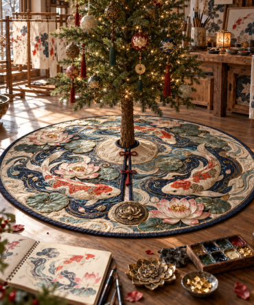 Atelier Koi Lotus Current Christmas Tree Skirt — Studio-Style Watercolor Koi Design, Artisan Holiday Mat, Reversible And Machine-Friendly