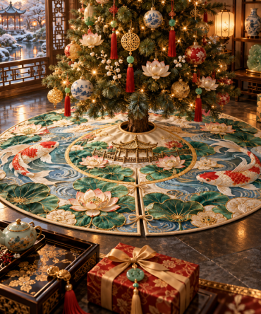 Gracious Koi Lotus Pavilion Christmas Tree Skirt — Elegant Oriental Koi & Lotus Design On Silky Fabric, Premium Holiday Tree Mat