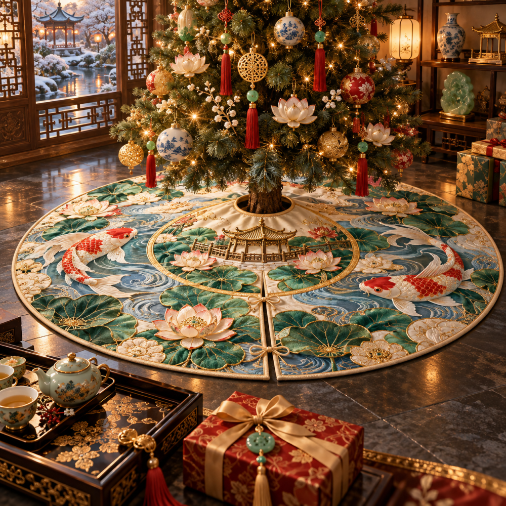Gracious Koi Lotus Pavilion Christmas Tree Skirt — Elegant Oriental Koi & Lotus Design On Silky Fabric, Premium Holiday Tree Mat