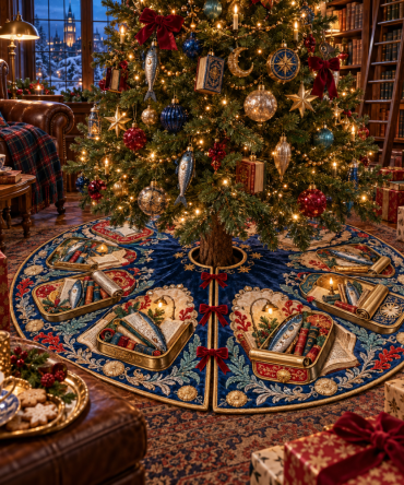 Midnight Folio Sardine Christmas Tree Skirt — Library-Inspired Fish Print Holiday Mat With Vintage Bookish Charm And Soft Microfiber