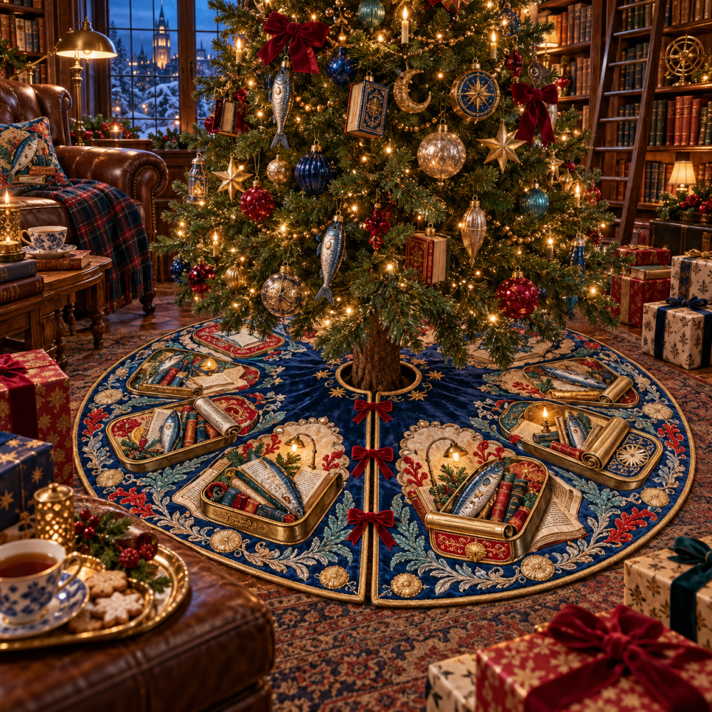 Midnight Folio Sardine Christmas Tree Skirt — Library-Inspired Fish Print Holiday Mat With Vintage Bookish Charm And Soft Microfiber