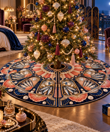 Nocturne Deco Sardine Christmas Tree Skirt — Midnight Art Deco Fish Holiday Mat With Elegant Dark Palette And Plush Fabric