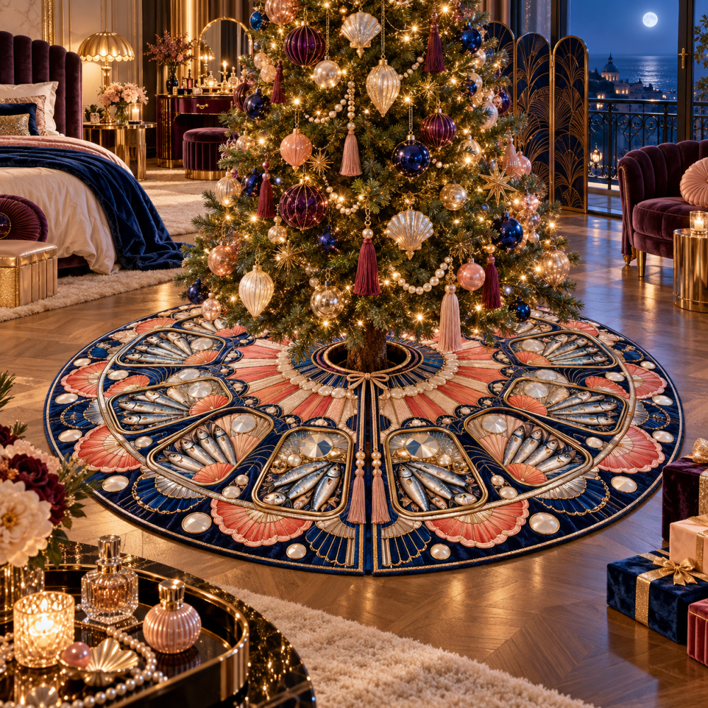 Nocturne Deco Sardine Christmas Tree Skirt — Midnight Art Deco Fish Holiday Mat With Elegant Dark Palette And Plush Fabric