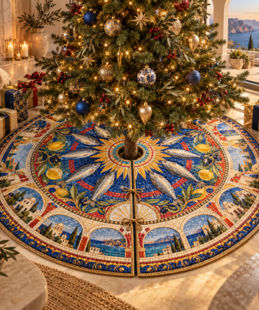 Salon Mosaic Sardine Holiday Tree Skirt — Intricate Portal Fish Mosaic Design With Luxe Velvet Backing, Reversible Christmas Tree Mat