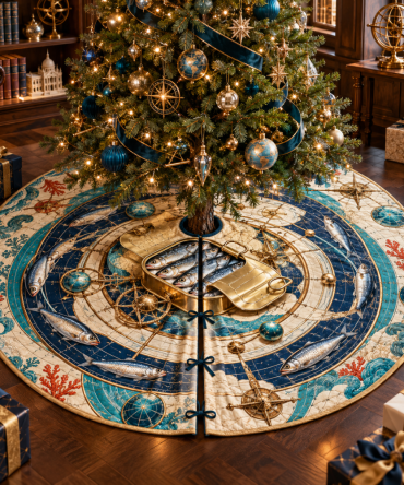 Observatory Blueprint Sardine Christmas Tree Skirt — Architectural Fish Diagram Holiday Tree Mat, Modern Nautical Charm, Durable Canvas