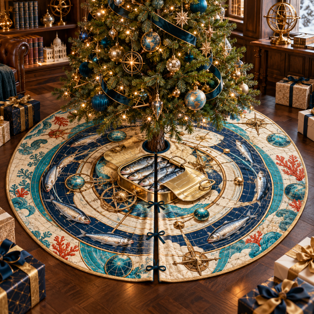 Observatory Blueprint Sardine Christmas Tree Skirt — Architectural Fish Diagram Holiday Tree Mat, Modern Nautical Charm, Durable Canvas
