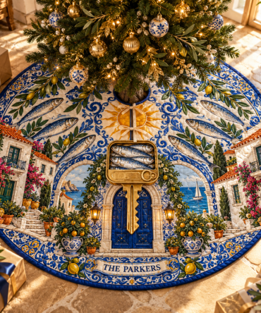 Custom Azulejo Sardine Christmas Tree Skirt — Personalized Portuguese Tile Fish Design With Monogram Option, Heavy-Duty Holiday Mat