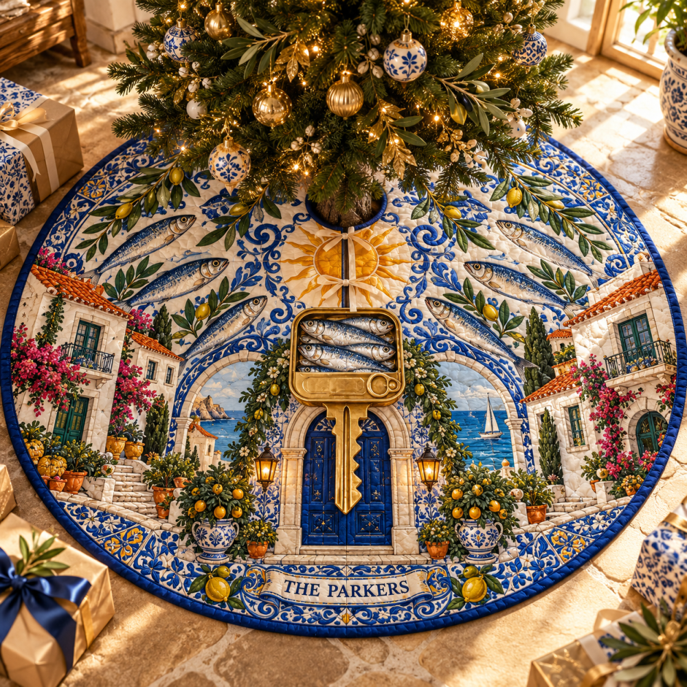 Custom Azulejo Sardine Christmas Tree Skirt — Personalized Portuguese Tile Fish Design With Monogram Option, Heavy-Duty Holiday Mat