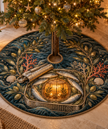 Amber Lantern Sardine Christmas Tree Skirt — Warm Lantern Holiday Tree Mat With Ornate Fish Artwork, Premium Fabric, Gift-Ready