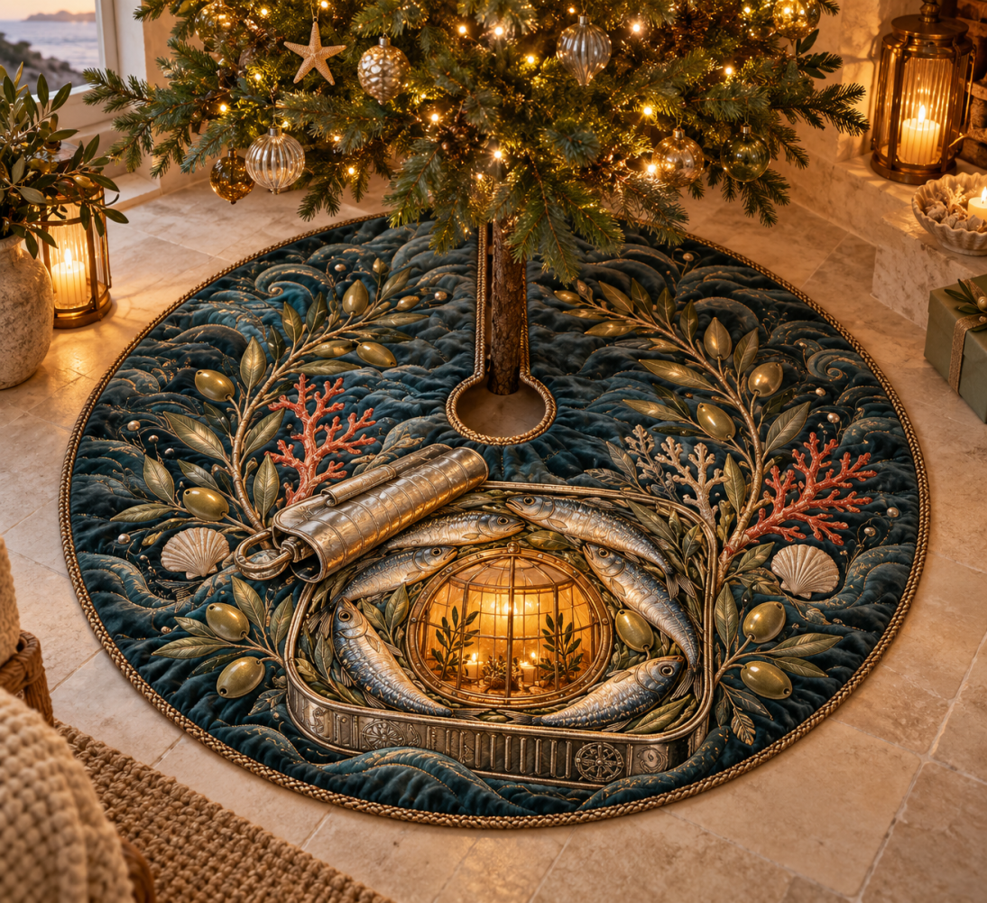 Amber Lantern Sardine Christmas Tree Skirt — Warm Lantern Holiday Tree Mat With Ornate Fish Artwork, Premium Fabric, Gift-Ready