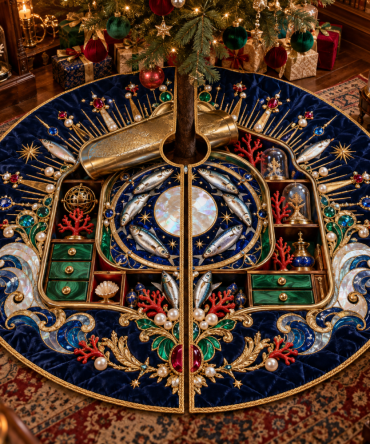 Nautical Sardine Tides Christmas Tree Skirt — Vintage Cabinet Art Holiday Mat, Water-Resistant Reversible Decor