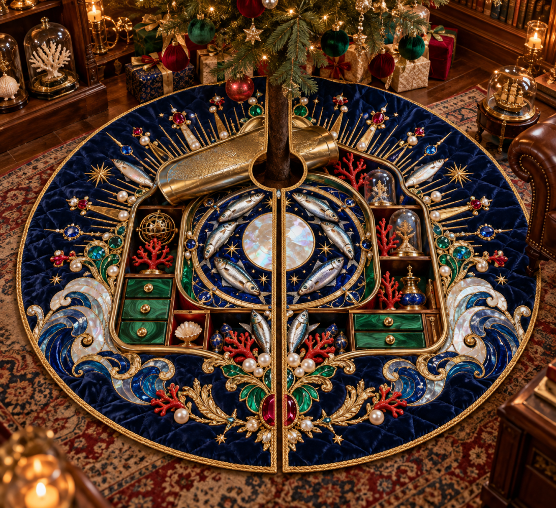 Nautical Sardine Tides Christmas Tree Skirt — Vintage Cabinet Art Holiday Mat, Water-Resistant Reversible Decor