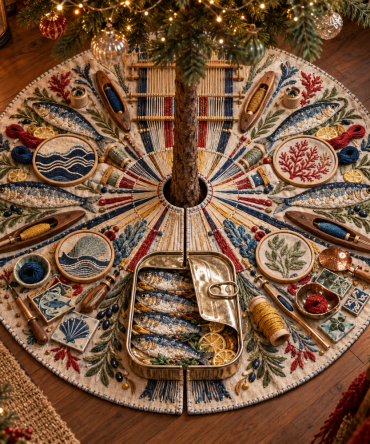 Sardine Maker Loom Christmas Tree Skirt - Artisan Nautical Holiday Skirt With Loom Motif, Coastal Kitchen & Seaside Home Gift