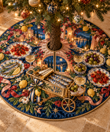 Sardine Aperitivo Cart Christmas Tree Skirt - Whimsical Coastal Holiday Skirt With Vintage Cart Illustration, Unique Nautical Gift