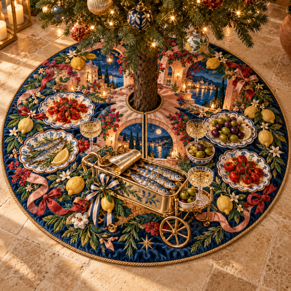 Sardine Aperitivo Cart Christmas Tree Skirt - Whimsical Coastal Holiday Skirt With Vintage Cart Illustration, Unique Nautical Gift