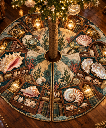 Lantern Library Seashell Christmas Tree Skirt - Cozy Coastal Holiday Skirt With Vintage Lantern & Shell Design, Handcrafted Home Accent