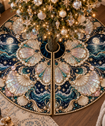 Celestial Canopy Seashell Tree Skirt - Starry Coastal Christmas Skirt With Shell & Moon Motifs, Premium Holiday Home Decor